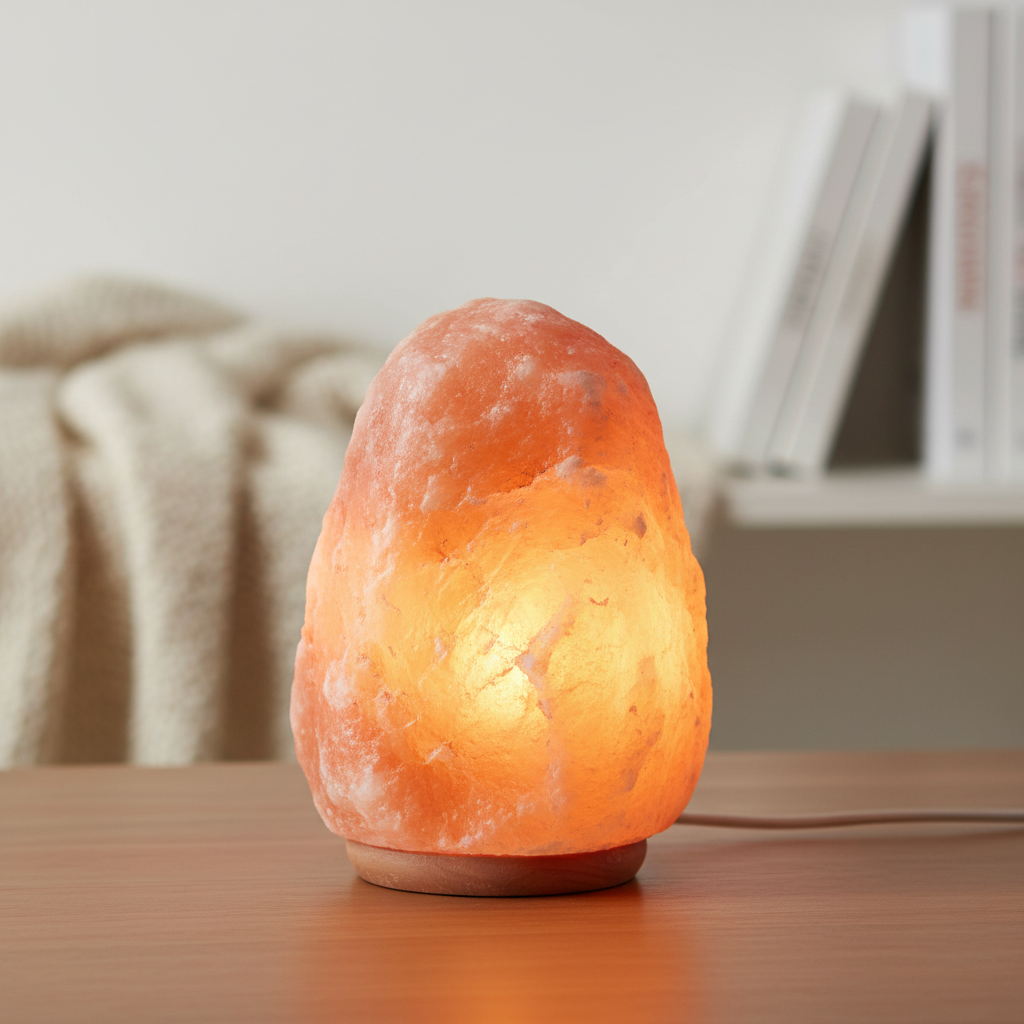 Himalayan salt lamp glowing warm orange on a wooden surface