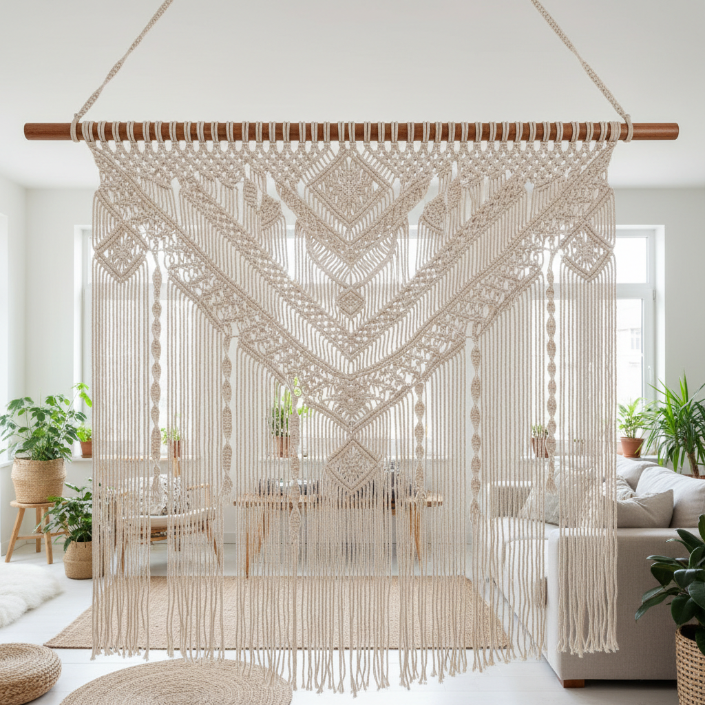 Large macrame room divider curtain panel in natural cotton rope hanging from wooden dowel