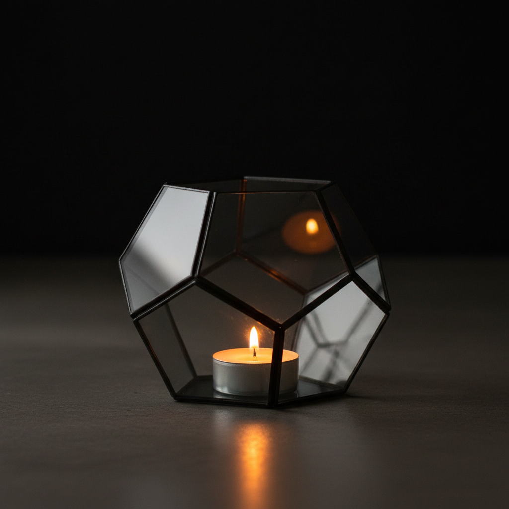 Geometric glass terrarium candle holder with tea light inside glowing warmly