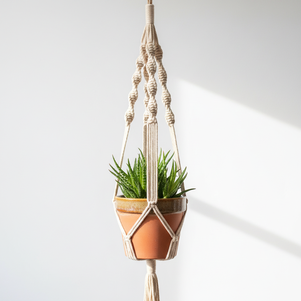 Bohemian macrame plant hanger with potted succulent in natural cotton rope knotted design