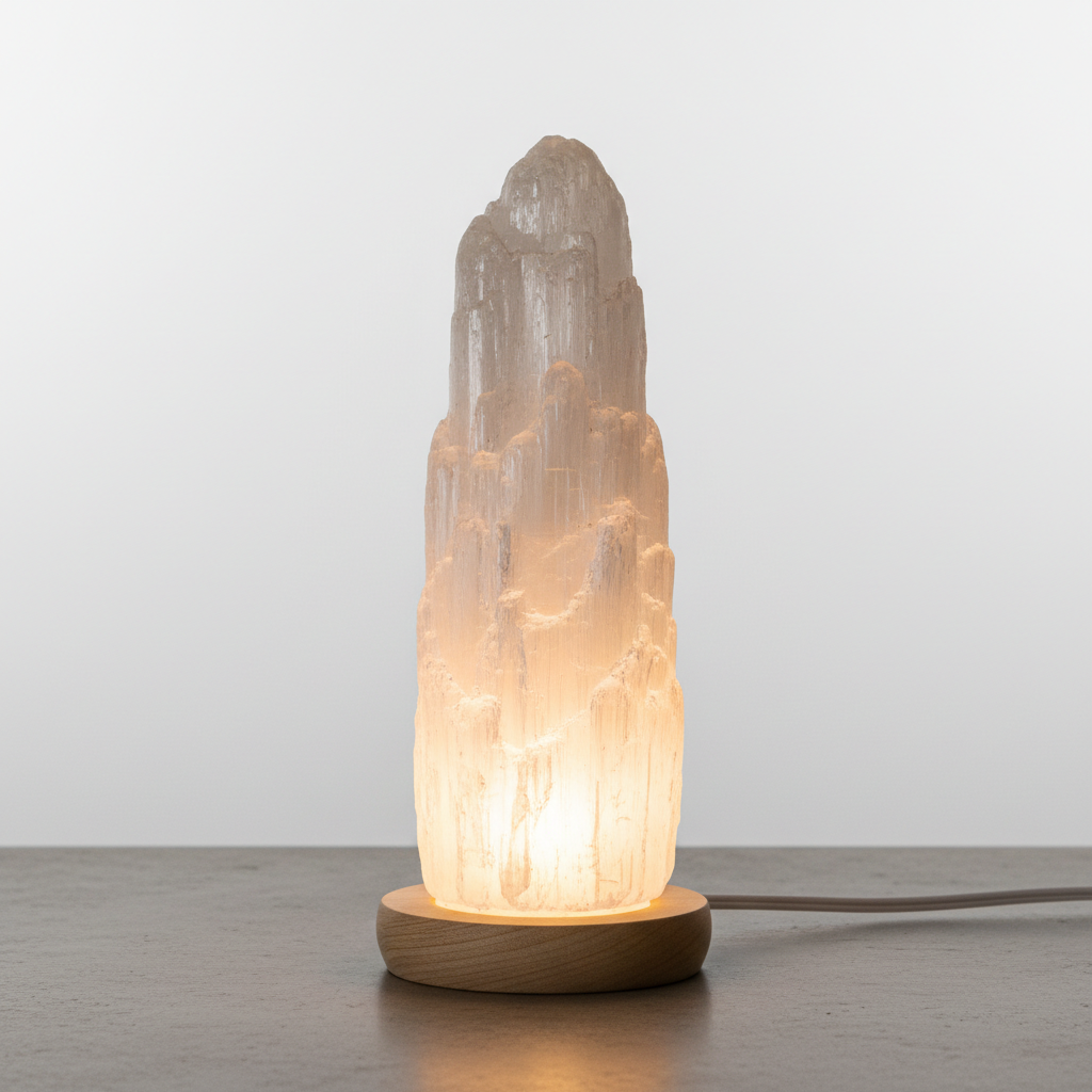 Selenite crystal tower lamp glowing soft white light on wooden base