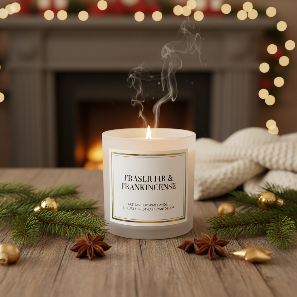 Fraser fir and frankincense soy candle in frosted white glass jar with pine sprigs and gold ornaments