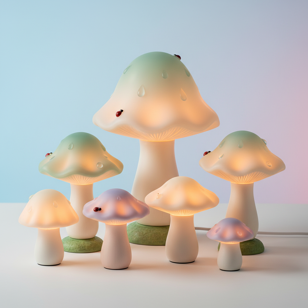 Aesthetic mushroom LED table lamp glowing soft warm light in cottagecore style