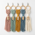 Boho macrame keychain with natural cotton rope tassels and wooden bead accents