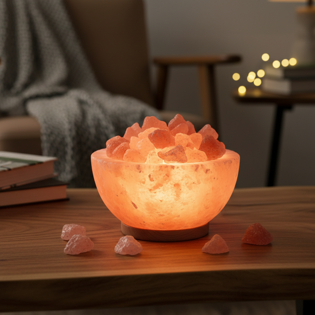 Himalayan salt lamp bowl filled with glowing pink salt chunks
