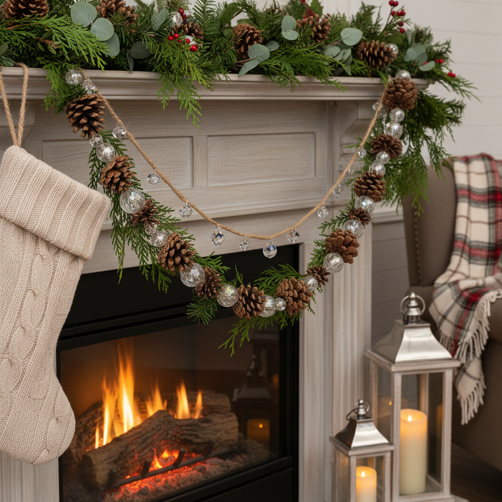 Crystal and pine cone garland on natural twine draped over fireplace mantel with holiday greenery
