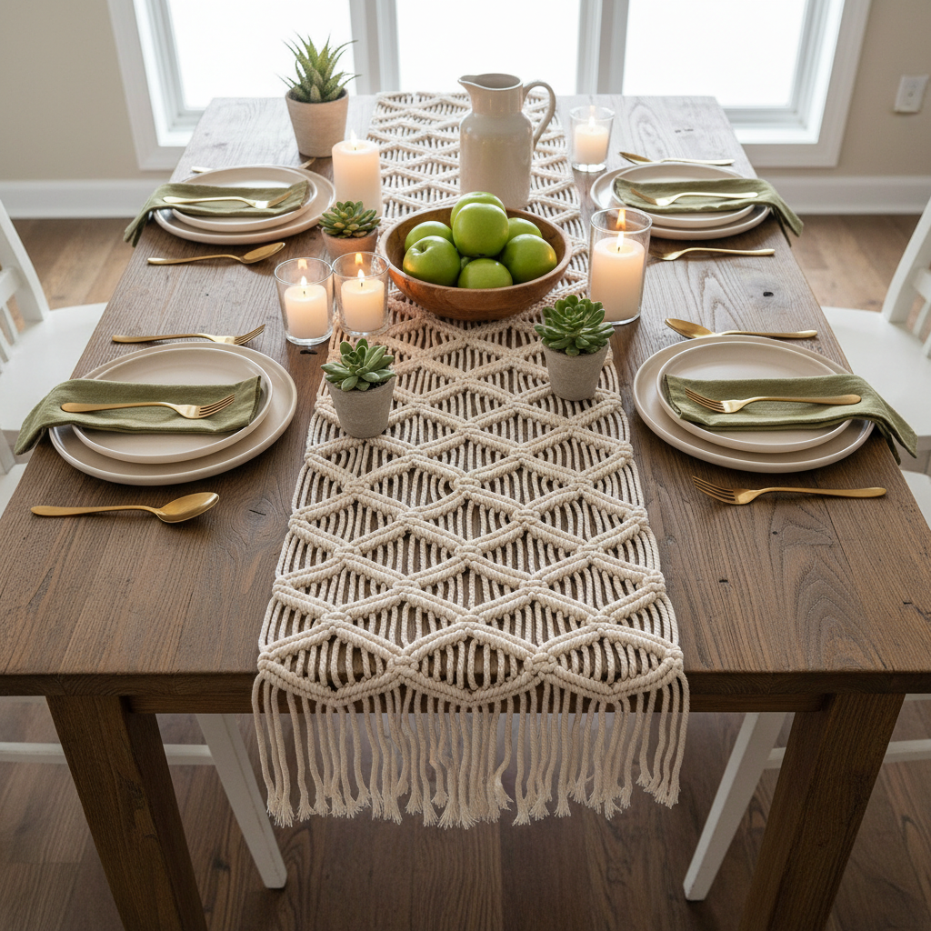 Macrame table runner in natural cotton rope with fringe ends on boho dining table