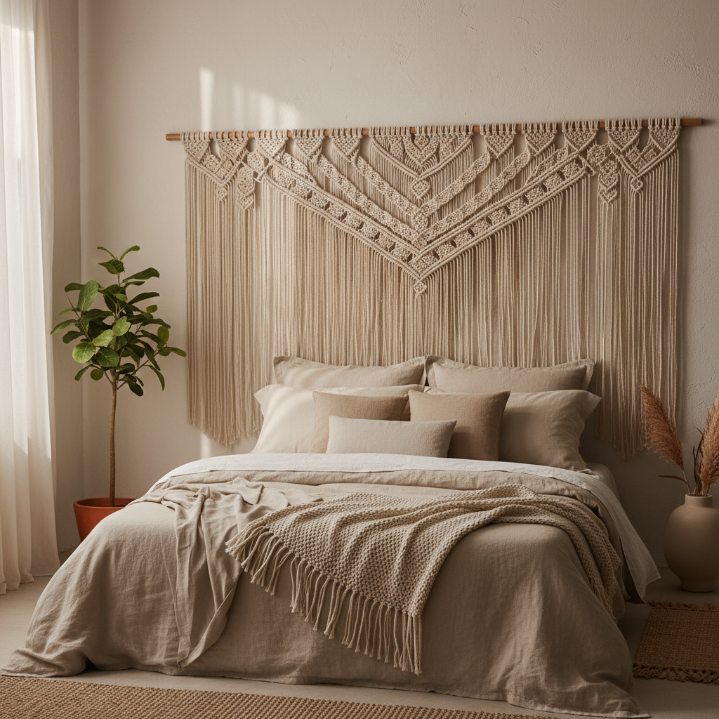 Large bohemian macrame headboard mounted on bedroom wall with neutral linen bedding