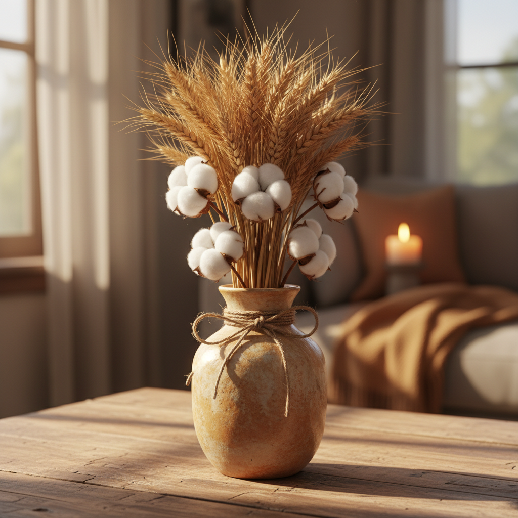 Dried wheat stalks and cotton stem bundle tied with natural twine in ceramic vase