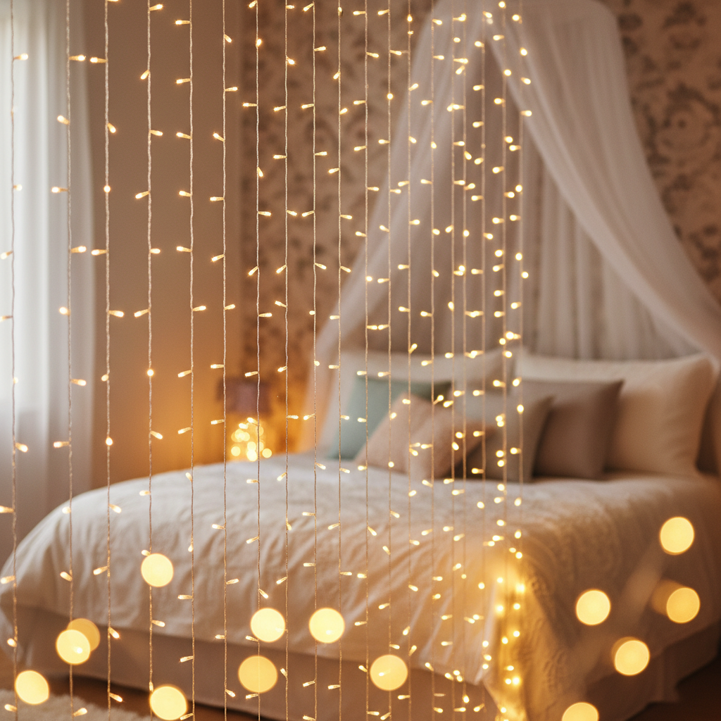 LED fairy light curtain with warm white string lights hanging on bedroom wall