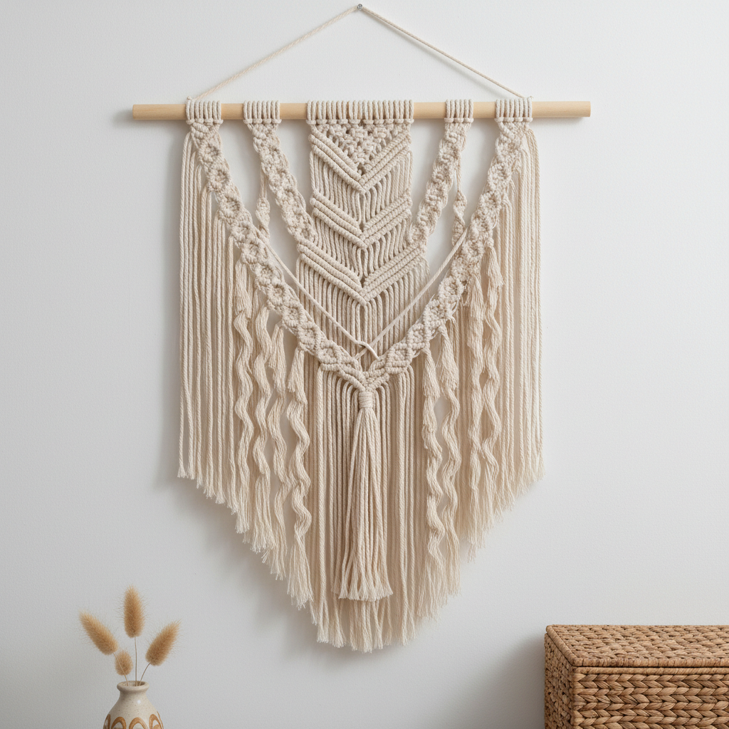 Bohemian macrame wall hanging in natural cream cotton rope on wooden dowel