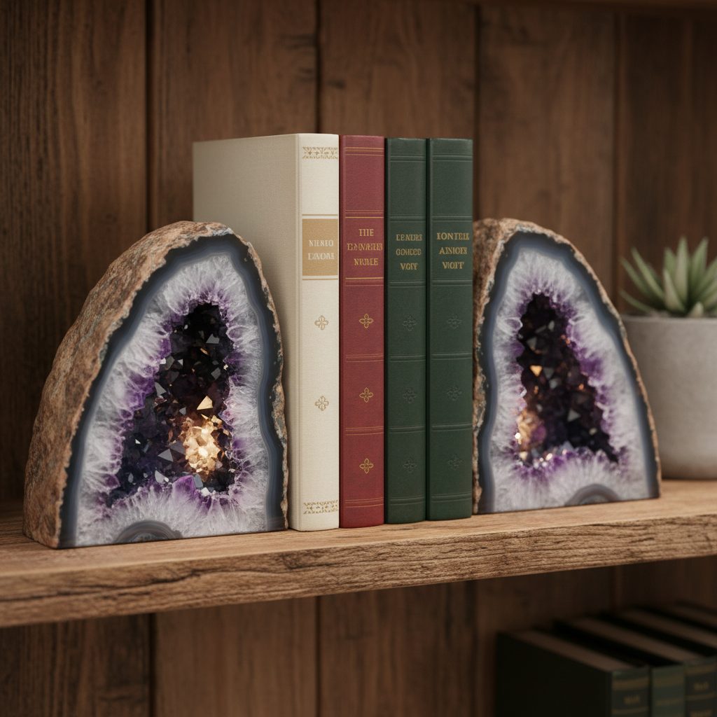 Split geode crystal bookends with sparkling agate interior on wooden shelf