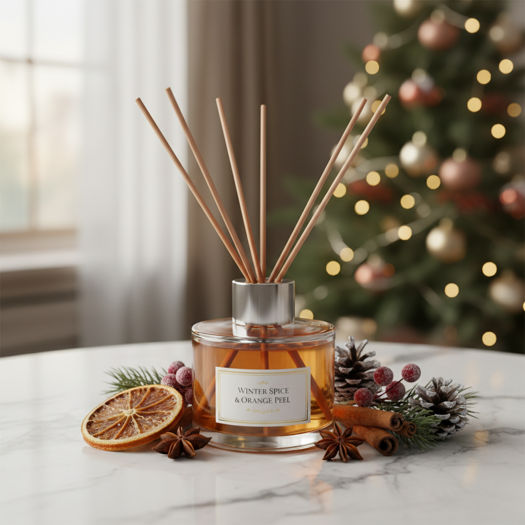 Winter spice and orange peel reed diffuser in clear glass bottle with dried oranges and pine cones