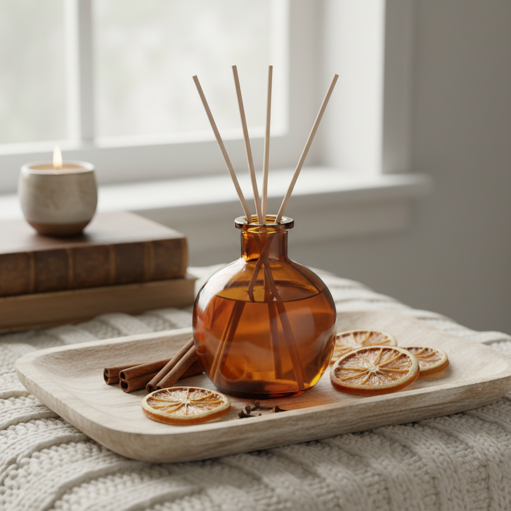 Cinnamon and clove reed diffuser in amber glass bottle with natural rattan reeds on wooden tray