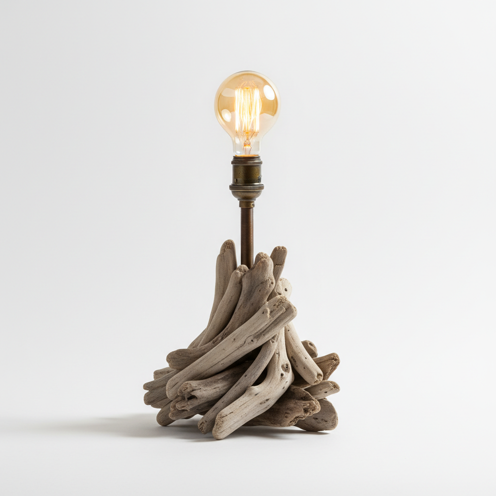 Driftwood table lamp with Edison bulb on rustic wood base