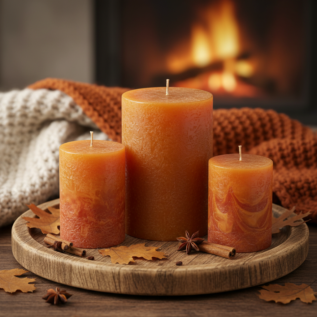Set of 3 amber and terracotta pillar candles on wooden tray with dried leaves and cinnamon sticks