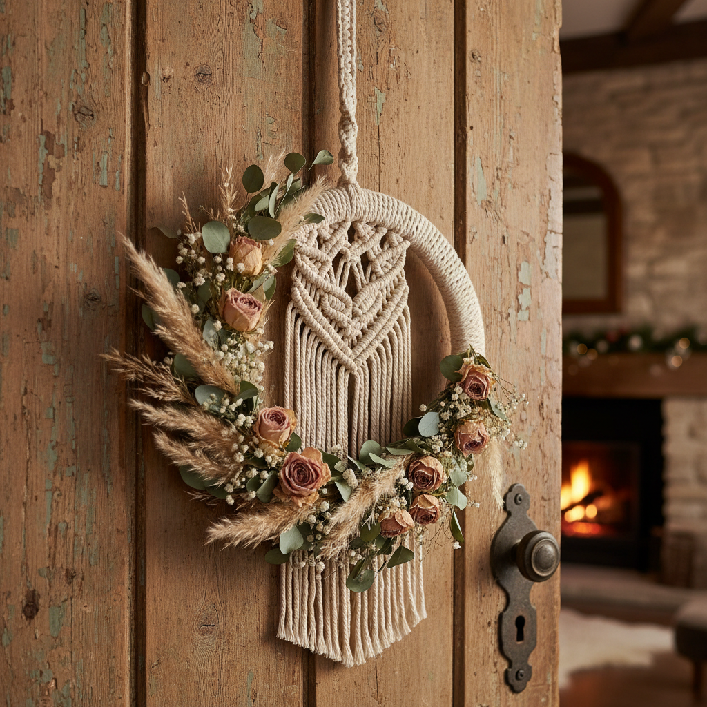 Bohemian macrame wreath with dried flowers and eucalyptus on rustic wooden door