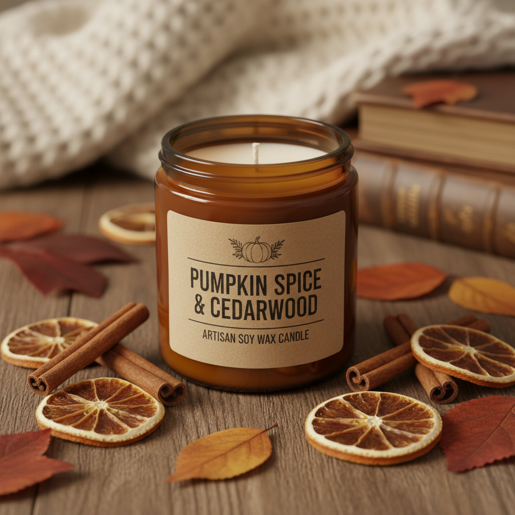 Artisan pumpkin spice and cedarwood soy candle in amber glass jar with autumn decor