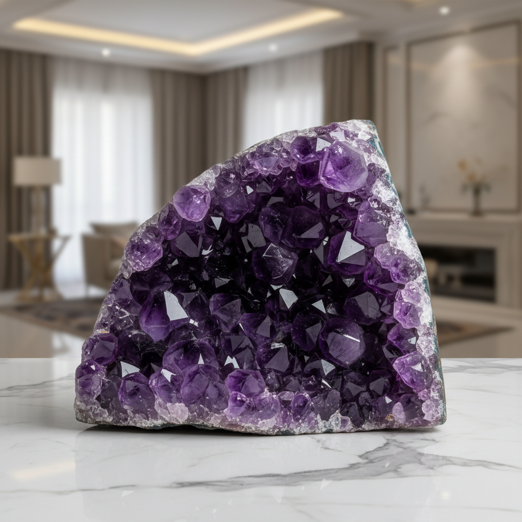 Raw amethyst crystal cluster display piece with deep purple geode points