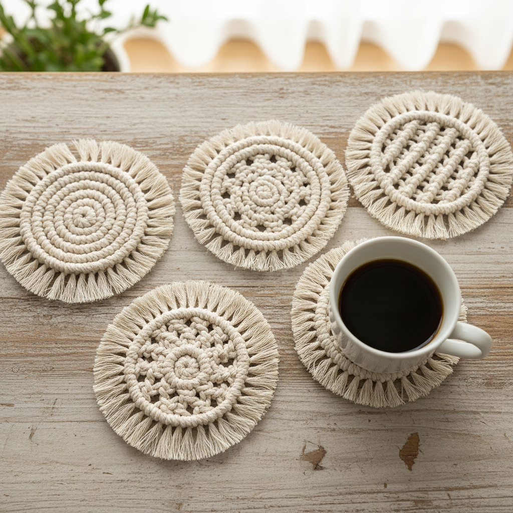 Set of 4 macrame coasters in natural cotton rope arranged on wooden surface with coffee mug