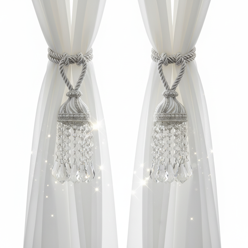 Pair of crystal bead curtain tie-backs with sparkling acrylic droplets holding back sheer curtains