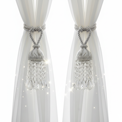 Pair of crystal bead curtain tie-backs with sparkling acrylic droplets holding back sheer curtains