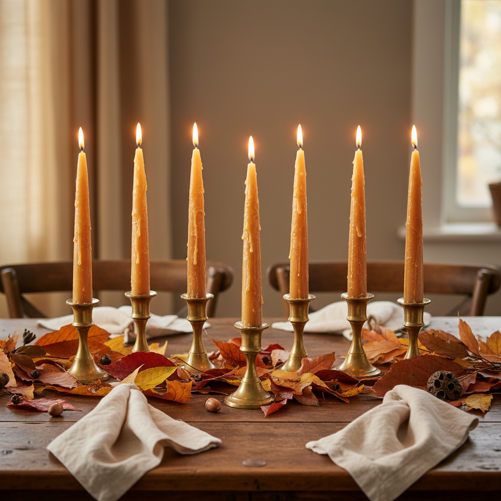 Set of 6 natural golden beeswax taper candles on elegant autumn dinner table setting