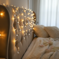 Crystal bead string lights with sparkling acrylic droplets on copper wire draped over headboard