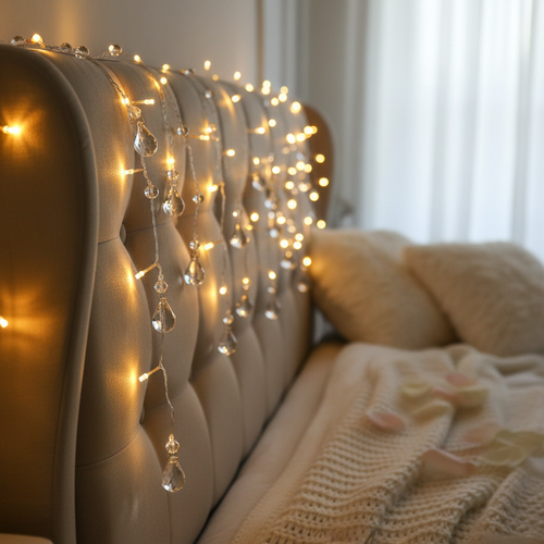 Crystal bead string lights with sparkling acrylic droplets on copper wire draped over headboard